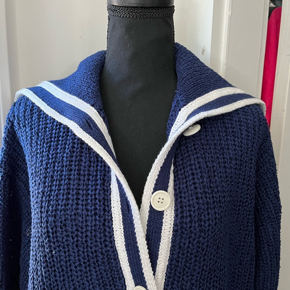 Navy Blue Knit Sweater with White Trim - Picture 2 of 11